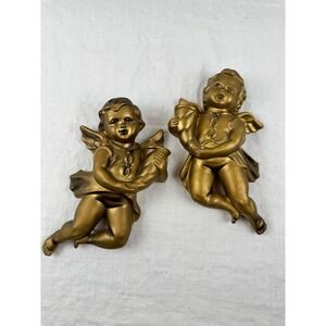 Vintage Gold Cherub Angel Wall Plaques Set 2 Mid Century Hollywood Regency 7"